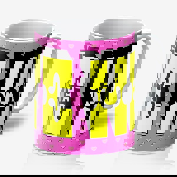 Love Me! Pink and Orange Typography mug. Designed by Love Frankie and printed in the UK.