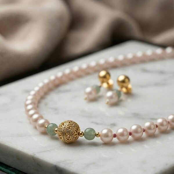 The Colourful Aura Pink Pearl Jade Beaded Necklace & Earring Set