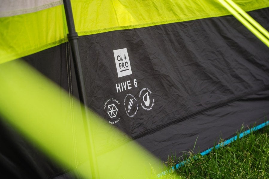 A focused shot of the logo of the Hive 6 Berth Poled Tent by OLPRO.