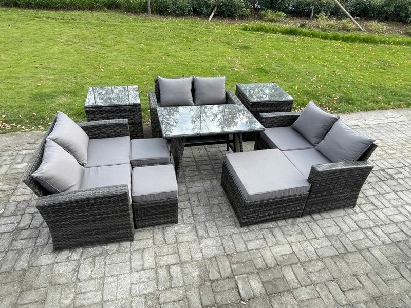 Fimous Outdoor Lounge Sofa Set - Dark Grey Mixed Wicker PE Rattan Garden Furniture with Rectangular Dining Table & 3 Footstools