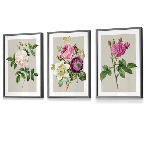 Artze Wall Art Vintage Pink and White Roses Set of 3 Framed Prints