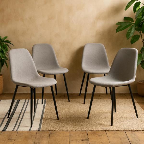 Wyld Haus Set of 4 Venice Light Grey Fabric Dining Chairs with Black Steel Legs