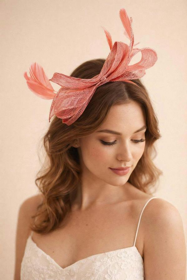 Bow Shaped Fascinator with Sinamay Curls & Feathers in Pink - svnx