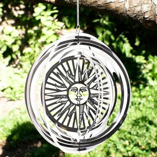 EDH Door Hardware Sun Wind Spinner - Stainless Steel Hanging Garden Décor, Outdoor Metal Art, Solar-Themed Yard Ornament, Kinetic Spinner, Unique Gift