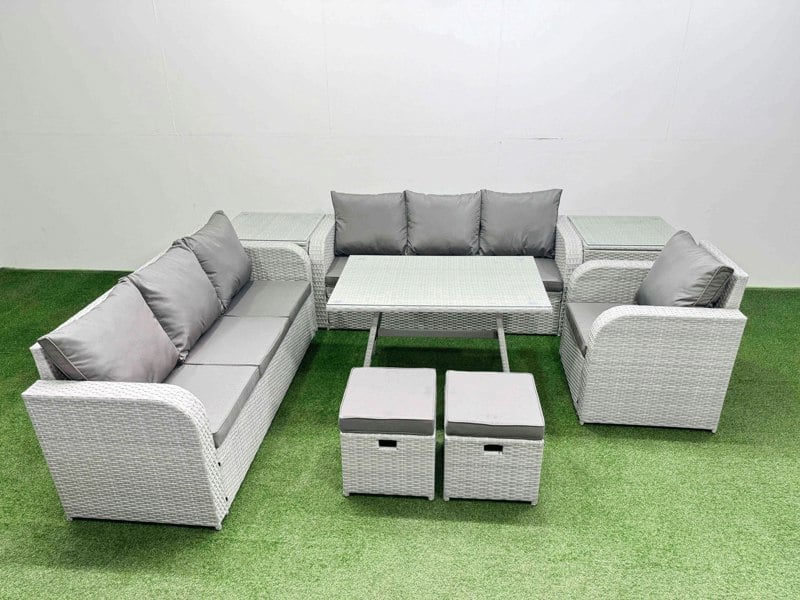 Fimous 8 Pieces Outdoor PE Rattan Garden Furniture with Cushions Reclining Chair 2 Side Tables 2 Small Stools Light Grey