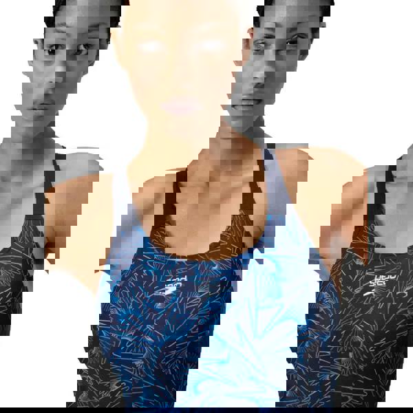 Speedo Hyperboom Placement Muscleback Swimsuit in blue and black