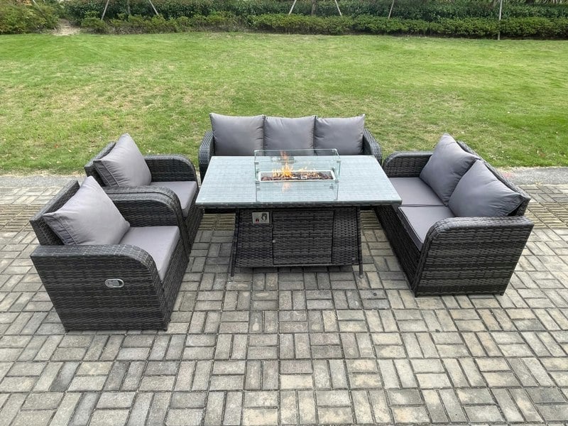 Fimous Garden Patio Furniture Wicker Rattan Gas Fire Pit Table and Sofa Chair set Dark Grey Mixed