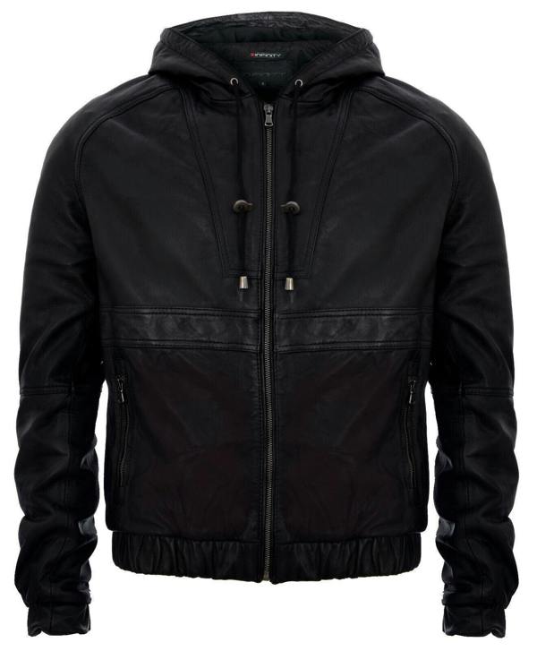 Infinity Leather Men’s Casual Leather Hooded Bomber Jacket-Odesa