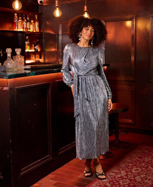 Needs No Label Silver Plisse Tie Front Midi Dress