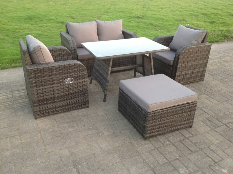 Fimous Rattan Garden Furniture Set Adjustable Chair Sofa Double Love Seat 2 Seater Sofa Rectangular Dining Table Big Footstool
