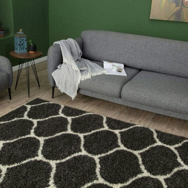 Trellis Design Thick Shaggy Area Rugs Dark Grey