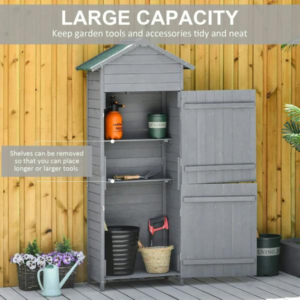 Dark grey wooden garden storage shed cabinet with interior shelves and double doors