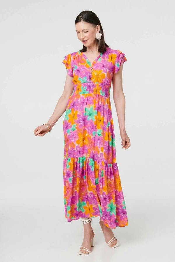 Red | Floral V-Neck Cap Sleeve Maxi Dress
