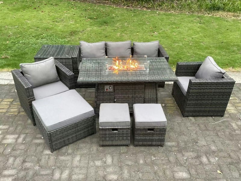 Fimous 8-Seater Wicker PE Rattan Garden Fire Pit Dining Set | Gas Heater, 2 Armchairs, Side Tables, Footstools | Dark Grey