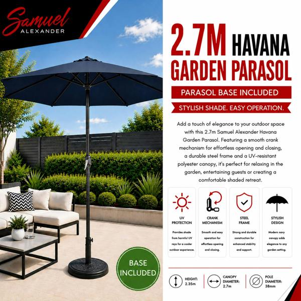 Samuel Alexander 2.7m Havana Garden Patio Parasol with Crank Handle in Blue with 9kg Base Included