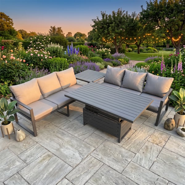 Fimous 6 Seater Aluminium Garden Furniture Set with Adjustable Rising Dining Table, 2 Sofas, Side Table - Dark Grey