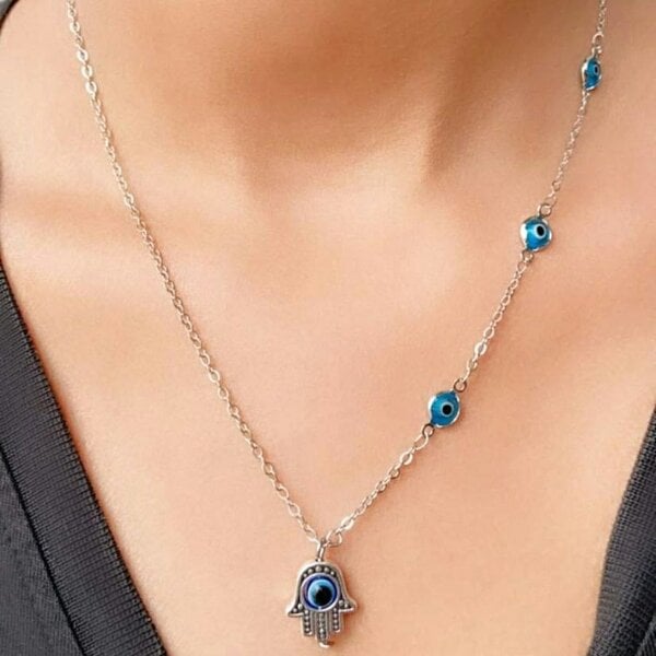 The Colourful Aura Half Evil Eye Necklace Hamsa Charm Silver Protection Choker Necklace