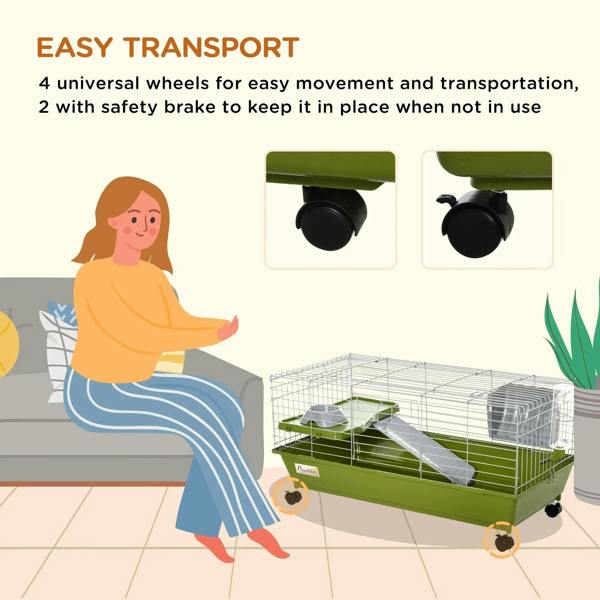 Green small animal cage with four caster wheels, ramp, platform, and attached water bottle