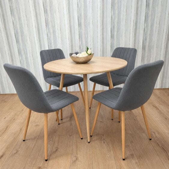 Kosy Koala Wood-Effect Round Dining Table Set with 4 Beige Velvet Padded Chairs & Metal Legs, 90 cm