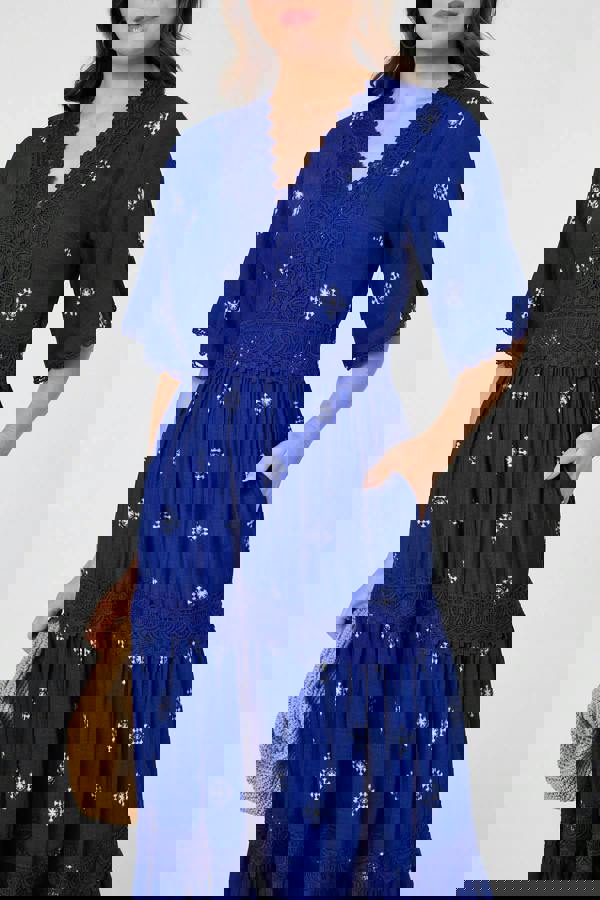 Blue | Border Print 1/2 Sleeve Maxi Dress