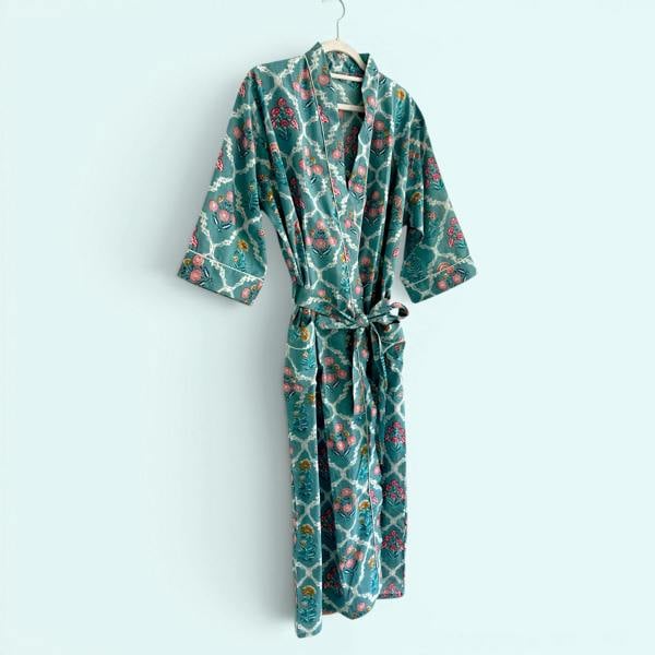 Hayley & Co Teal Ditsy Floral Print 100% Cotton Block Print Dressing Gown