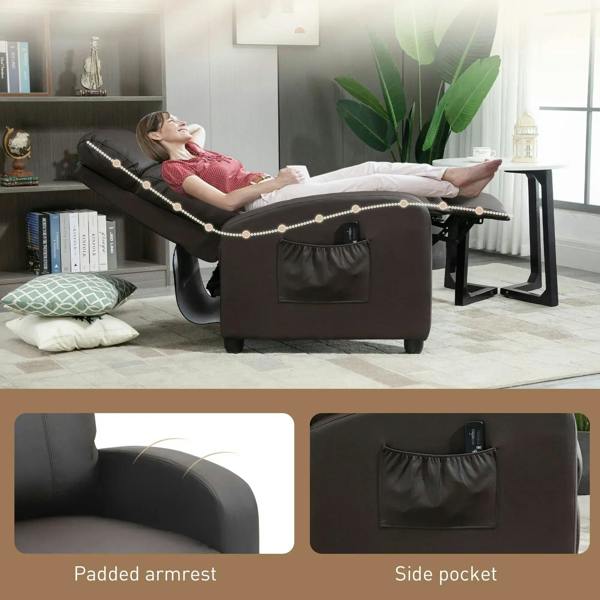Brown faux leather recliner armchair with extended footrest and side pocket