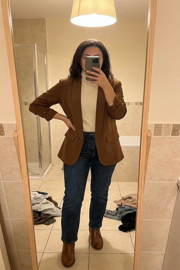 Valerie Ruched Sleeve Open Front Blazer Jacket With Front Pockets - Brown