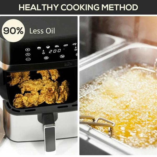 Dual-basket air fryer with cooking baskets shown; less oil indicator graphic
