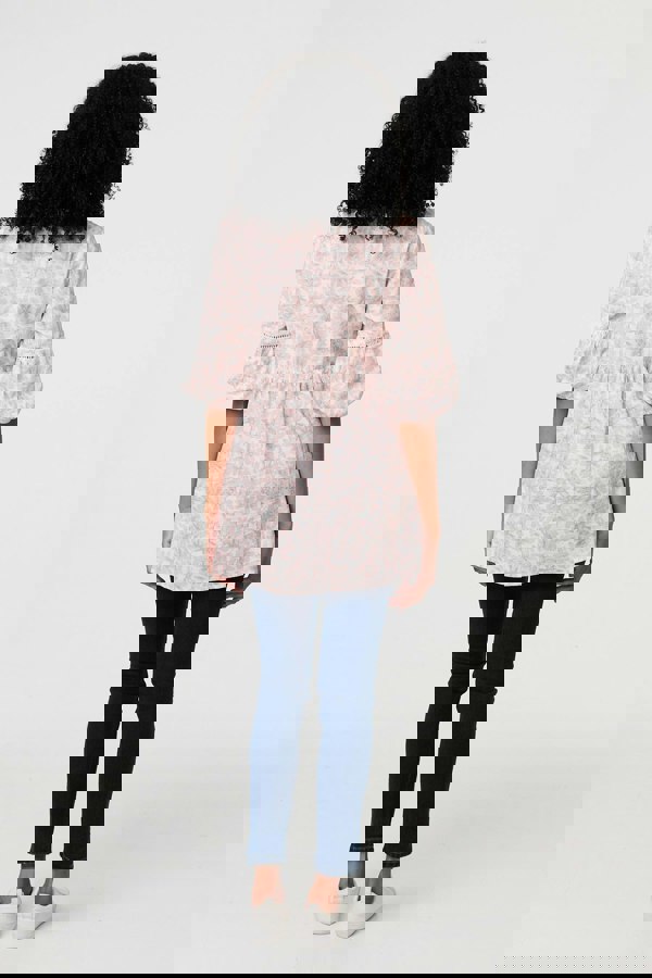 Pink | Floral Curve Hem 3/4 Puff Sleeve Blouse