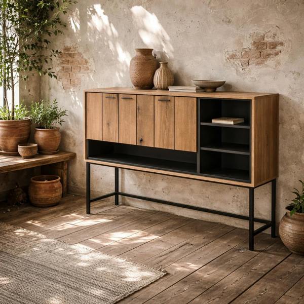 Wyld Haus Nightbloom Grey and Oak Effect Wood Panelled Bar Cabinet 1 Door 3 Shelves