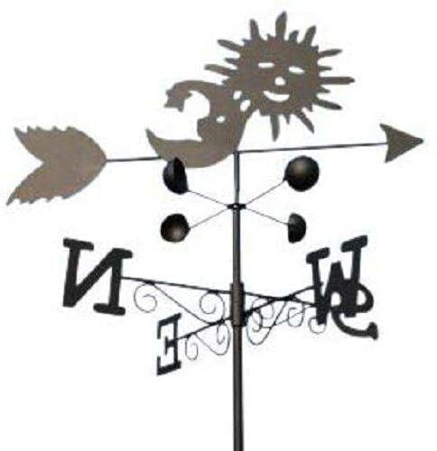 The Garden Marketplace Sun and Moon Weathervane with Wind Speed Cups, All-Steel Black Finish, Wall Mount Bracket and Ground Spike Included