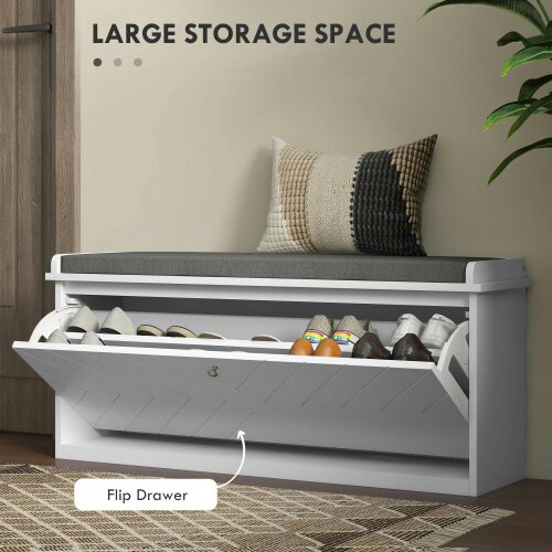 Wyld Haus Rakamo Wooden White Chevron Shoe Bench With Grey Padded Seat For 10 Pairs