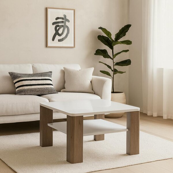 Wyld Haus Porto Square Gloss White Coffee Table with Oak Detail 1 Shelf