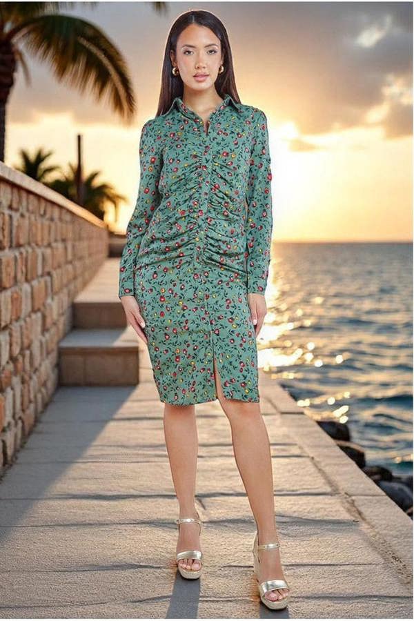 Floral Print Shirt Dress - Sage Green DR3499