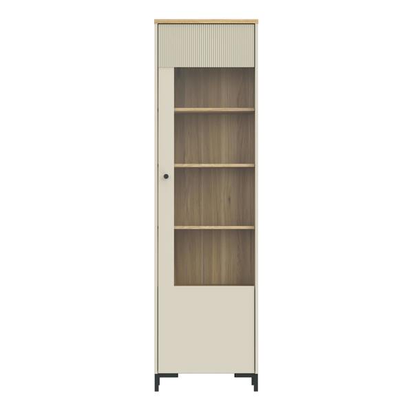 Furniture To Go Bixbite Tall Display Cabinet with Fluted Detail, Door & Open Shelving in Mauvella Oak and Sand