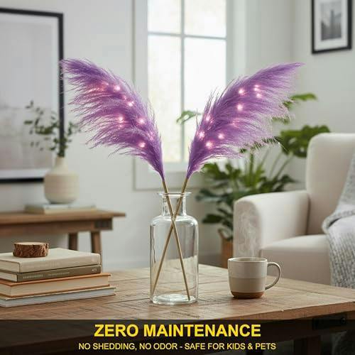 45cm Purple Artificial Pampas Grass with Warm White LEDs, Battery-Operated Decorative Stem image 4