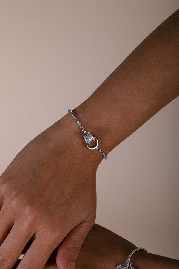 SVNX Double Ring Diamante Bracelet In Silver Colour - Gift Boxed