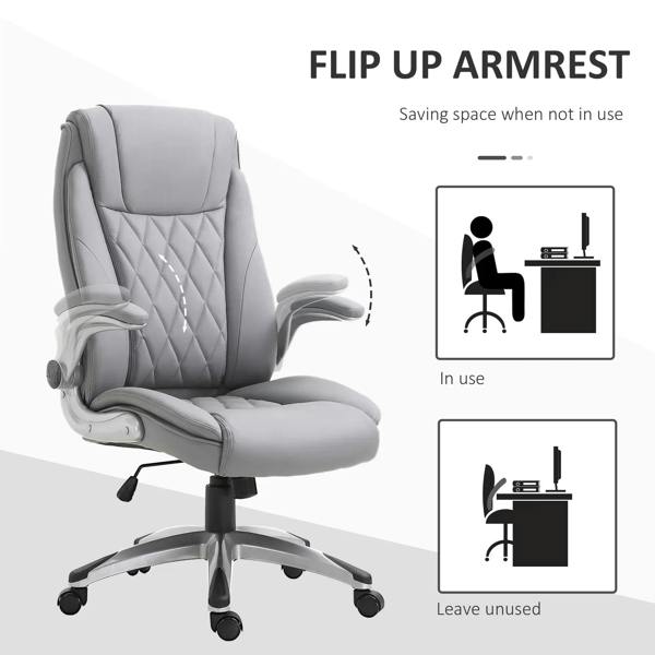 Grey office chair with flip-up armrests, quilted back and rolling swivel base
