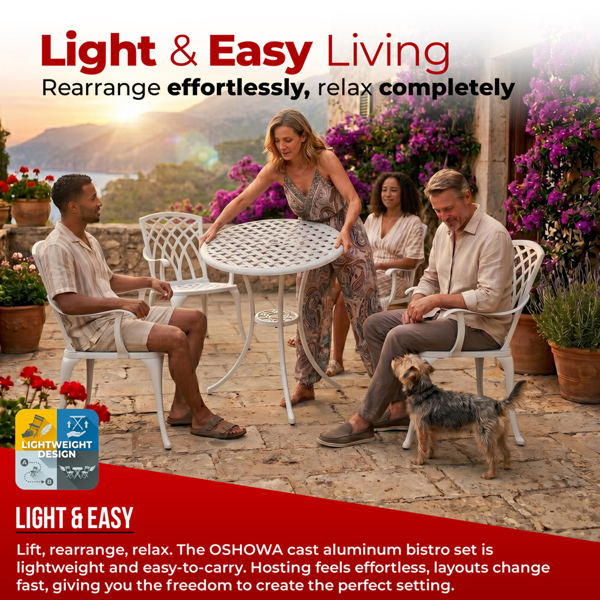 Centurion Supports OSHOWA Luxurious Garden and Patio Table and 4 Large Chairs with Armrests Cast Aluminium Bistro Set - White