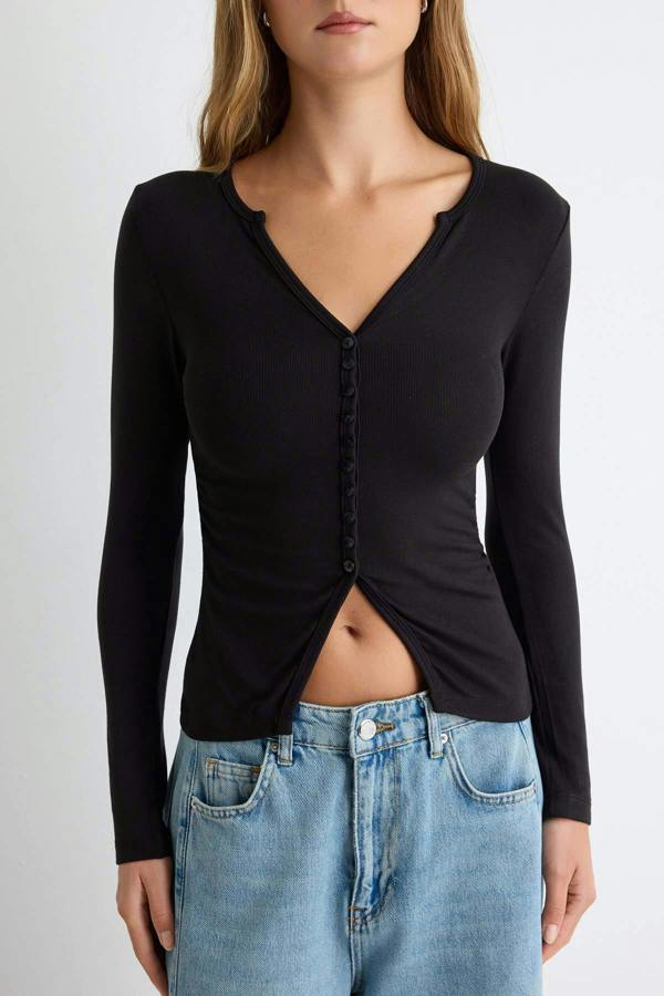 WOVCOR Fitted V Neck Button Front Long Sleeve Blouse