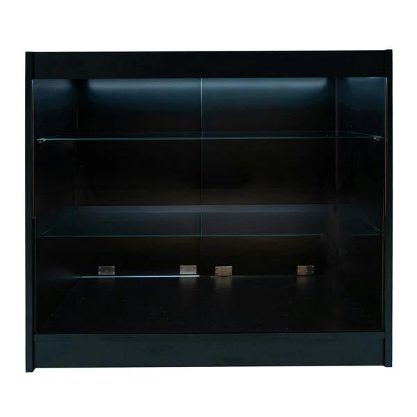 Astro LED Shop Counter Set in black, featuring sleek glass shelves, modern design, and integrated LED lighting for enhanced display