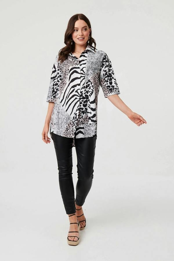 Black | Animal Print 1/2 Sleeve Longline Shirt