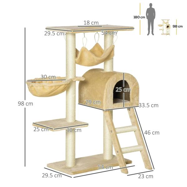 Beige cat tree tower with dimensions showing top perch, hammock, house, basket, and steps