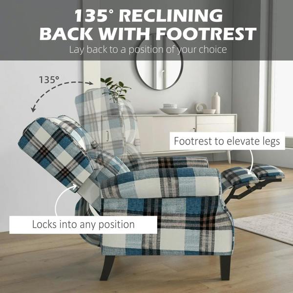Blue plaid reclining push-back chair with raised leg footrest and padded armrests.