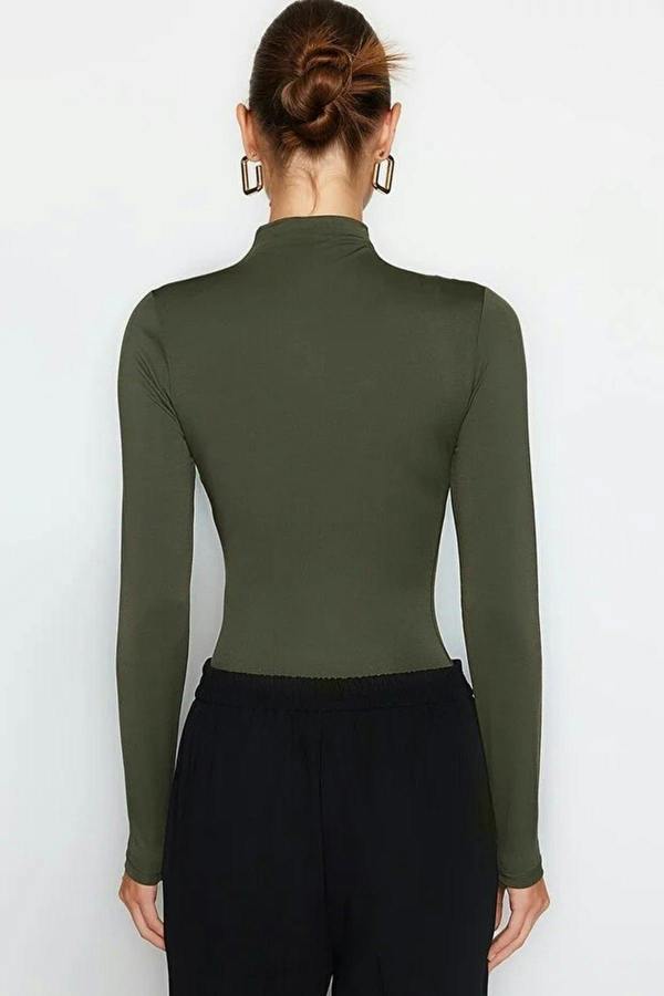 WOVCOR Stand Collar Knit Bodysuit with Gathered Detail