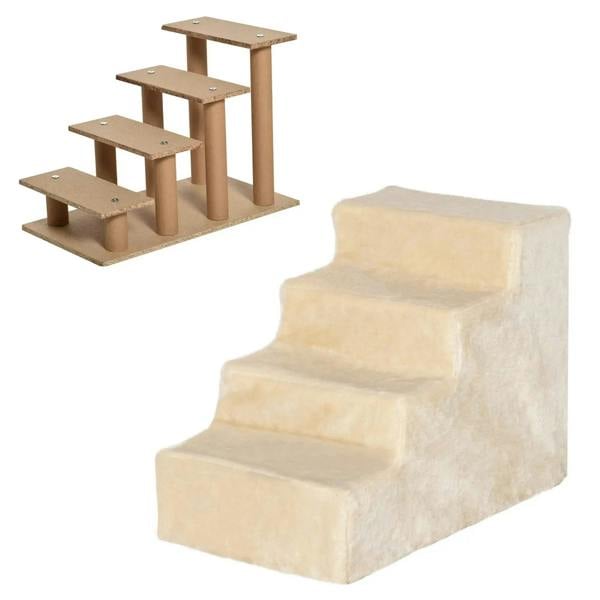 Beige four-step pet stairs with plush cover and matching base steps with posts