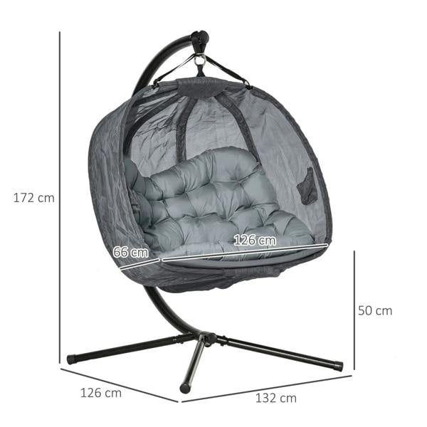 Grey hanging egg chair with padded two-seat cushion on three-leg steel stand