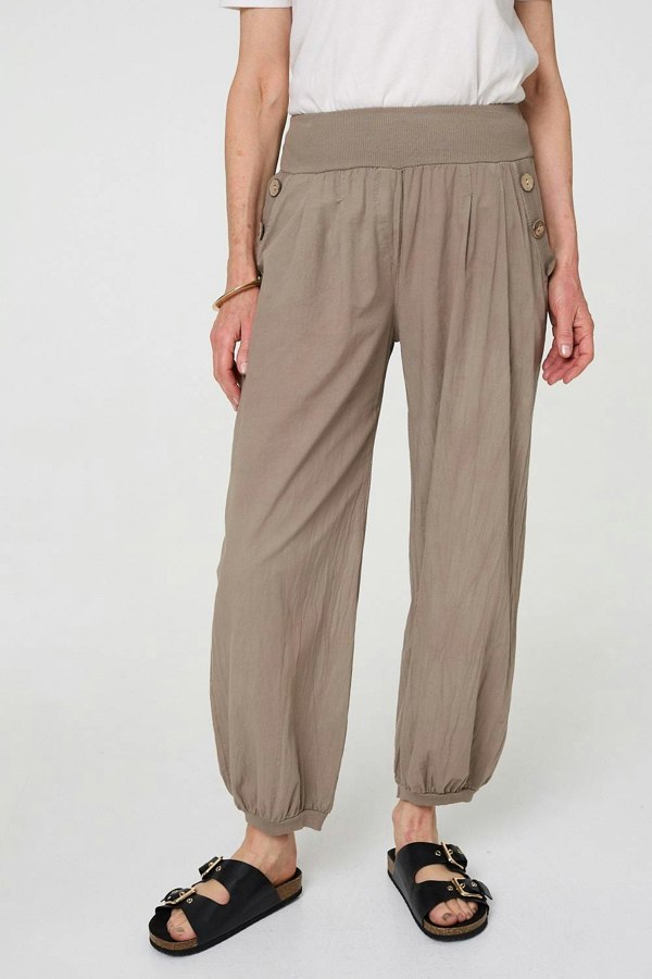 Beige | Elasticated High Waist Loose Trousers
