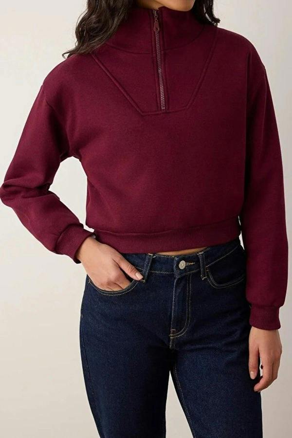 WOVCOR Stand Collar Half Zipper Crop Knit Sweatshirt with Thick Fleece Inside