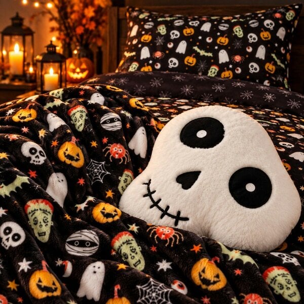 Smart Living 3 Piece Halloween Bedding WOW DEAL - Single Duvet Set + Fleece Throw + Skull Cushion